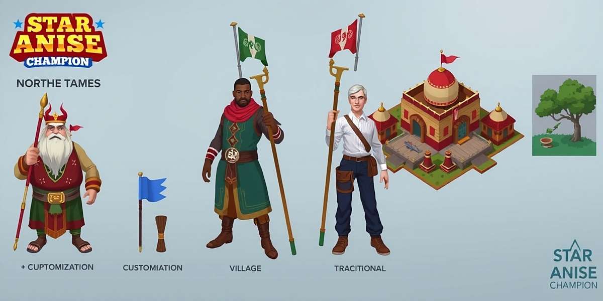 Star Anise Champion Future Updates Concept art for upcoming Star Anise Champion features including Northeast Indian characters, village customization, and traditional board game modes